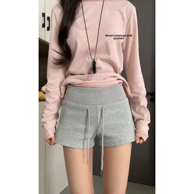 회색 슬림핏 드로스트링 스포츠 반바지 여성 여름 2025 신상 미국식 레이지 스타일 핫팬츠 하이웨이스트 스트레이트 레그 캐주얼 팬츠