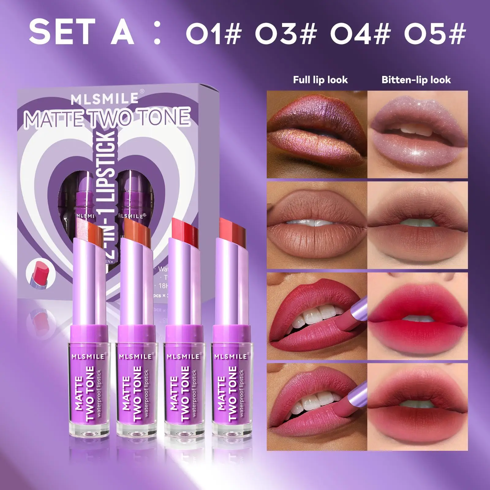 Veelkleurige matte lippenstiftset [4-delig] - Tweekleurige lippenstiften A en B, langdurig en niet plakkerig