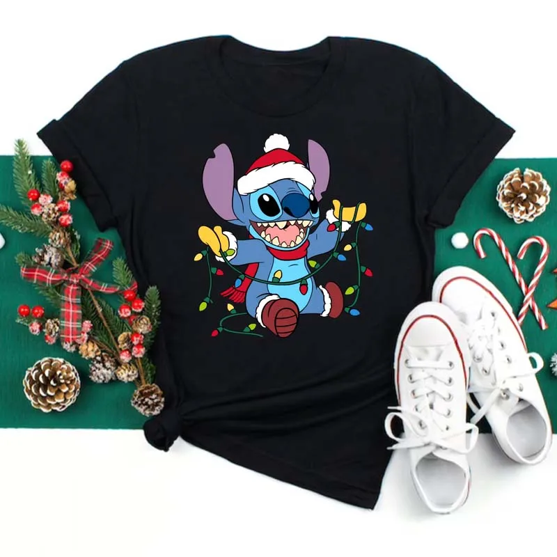 Merry Christmas Stitch Disney Funny Cartoon T Shirt Women Lilo Stitch T-shirt Graphic Tshirt Hip Hop Top Tees Female Clothes