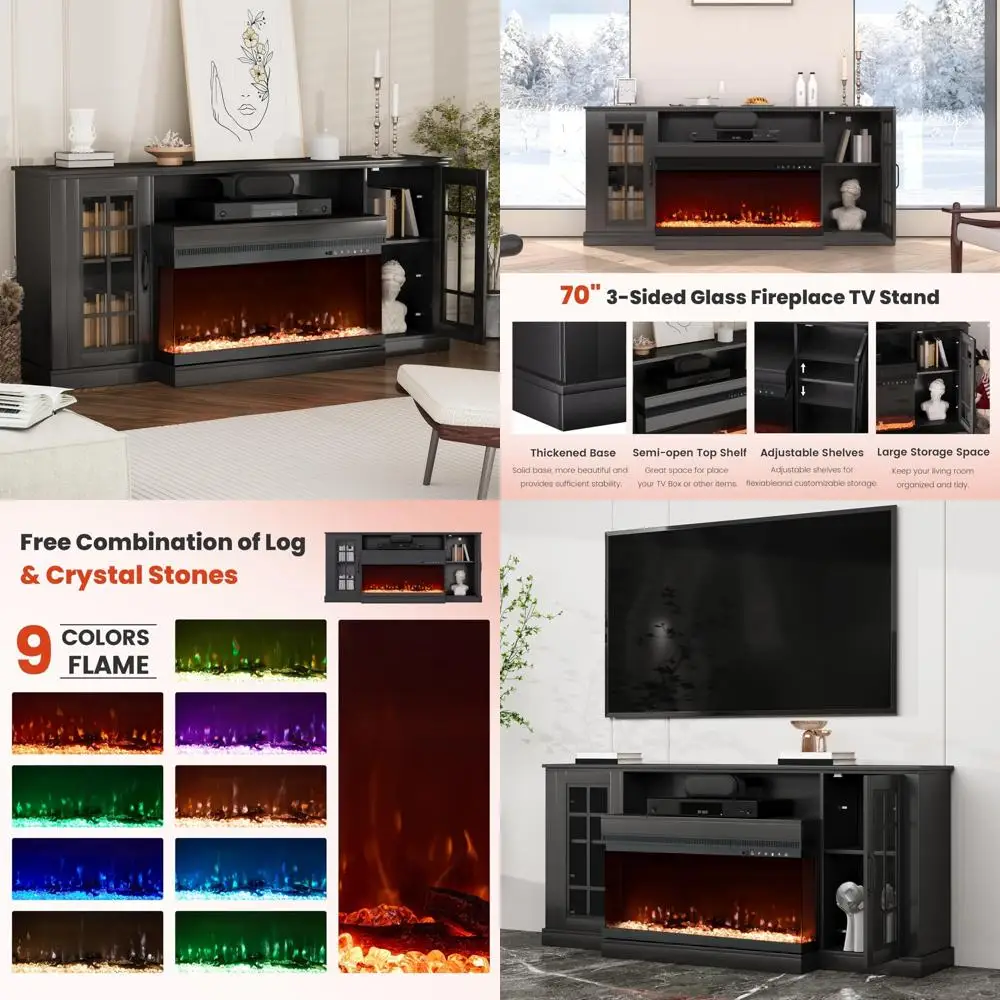 ファームハウススタイルの3面テレビスタンド、80インチテレビ用、ガラス扉付きエンターテイメントセンター、メディア収納キャビネット