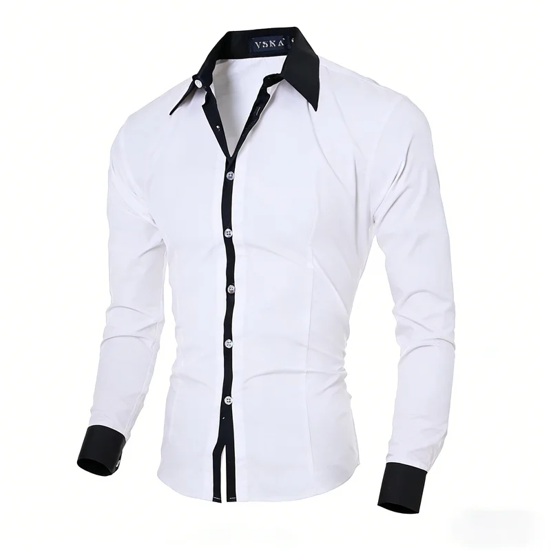 New Men's Black and White Color-Blocked Spliced Shirt, Outdoor Street Style, Business Casual Long-Sleeved Lapel Top for Men.