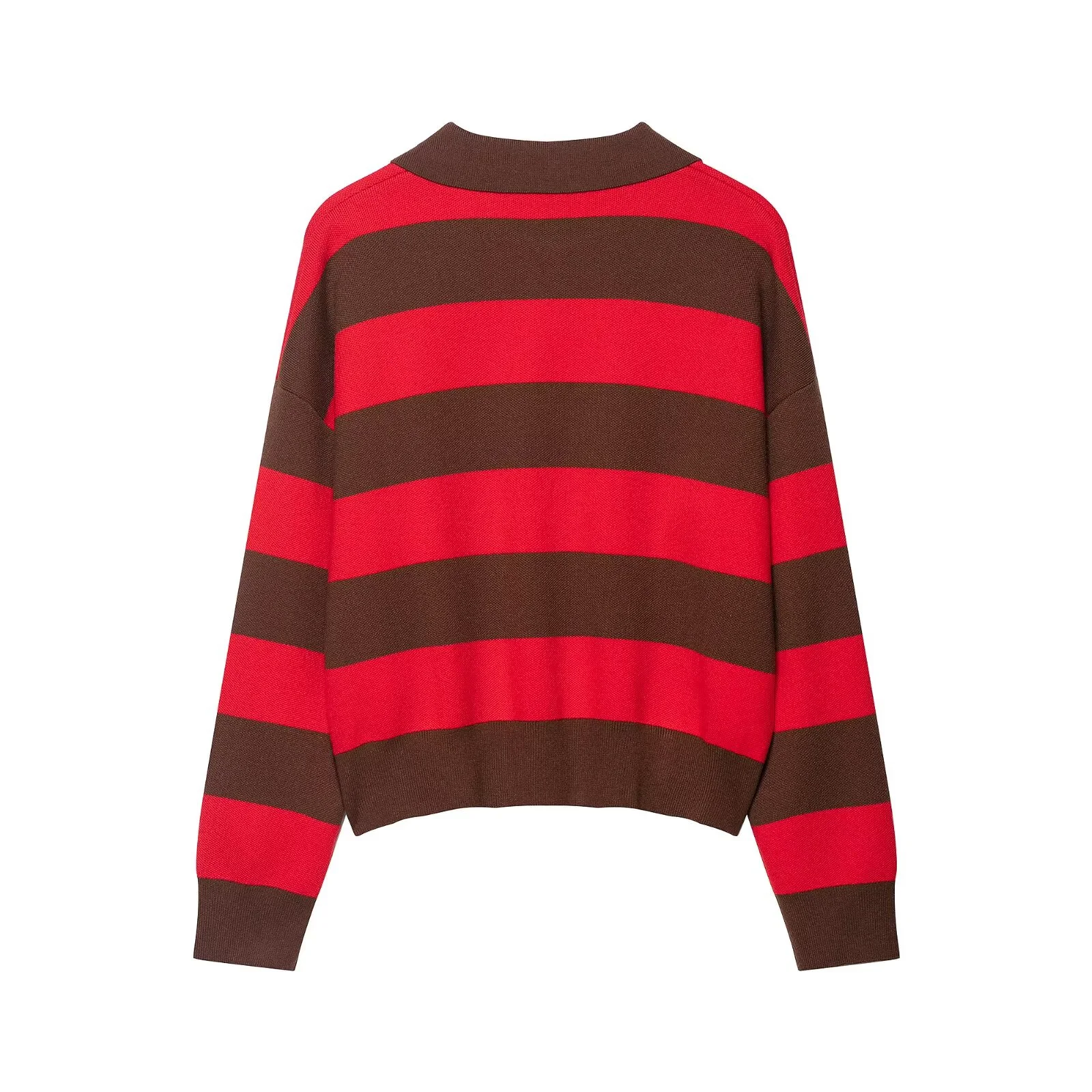 سترة نسائية غير رسمية جديدة لخريف 2025 بألوان متباينة بسيطة وياقة بولو مخططة وأكمام طويلة