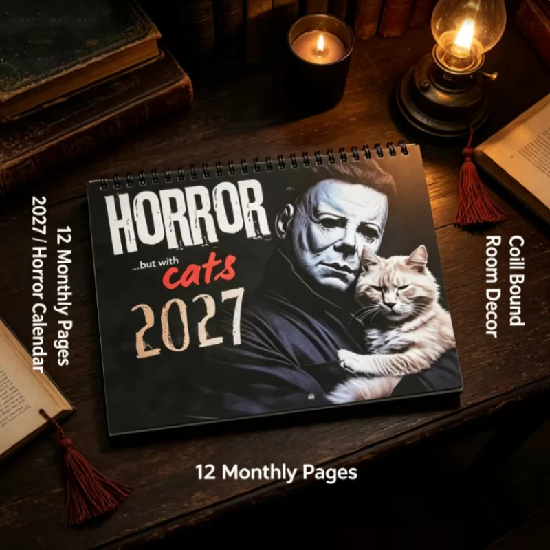 2027 Halloween Horror Movie & Cats Wall Calendar 12 Months Planner Hanging Art Spooky Feline Art Desk Decor Gift Fun Home Decor