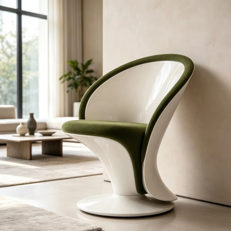 Round Swivel Base Glossy White Shell Soft Olive Green Velvet Padded Seat