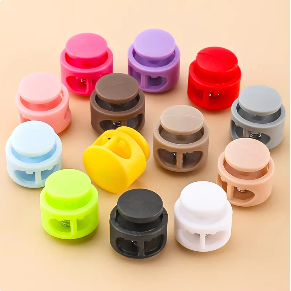100Pcs Multi Color Plastic Ball Cord Lock Toggles 2-Hole Spring Stoppers for 3-4mm Bungee Shock Cord Elastic String End
