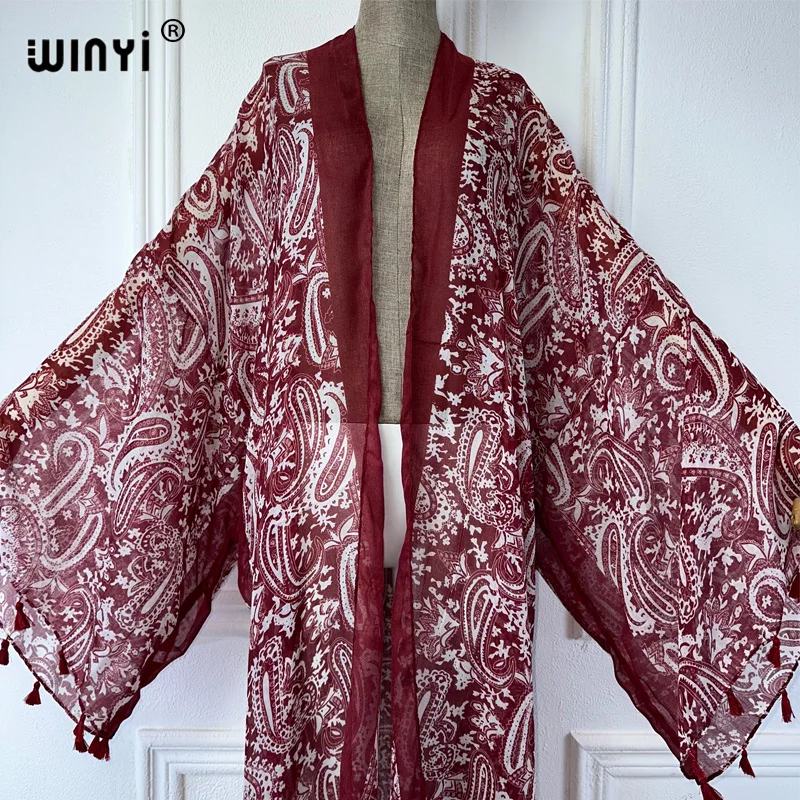 WINYI ملابس الصيف كيمونو أفريقيا بوهو طباعة الشاطئ التستر فستان مسلم بالأزرار ملابس الشاطئ النساء عباية دبي قفطان فاخر