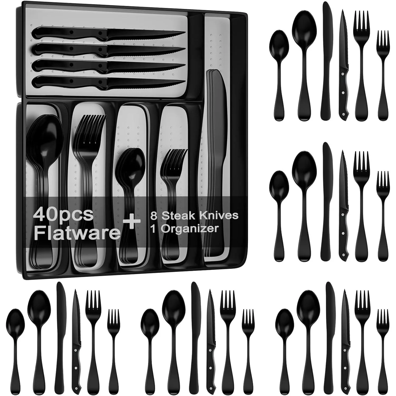 

49-Piece Black Silverware Set with Drawer Organizer, Stainless Steel Cutlery for 8 with Matte Steak Knives, Forks, Spoons