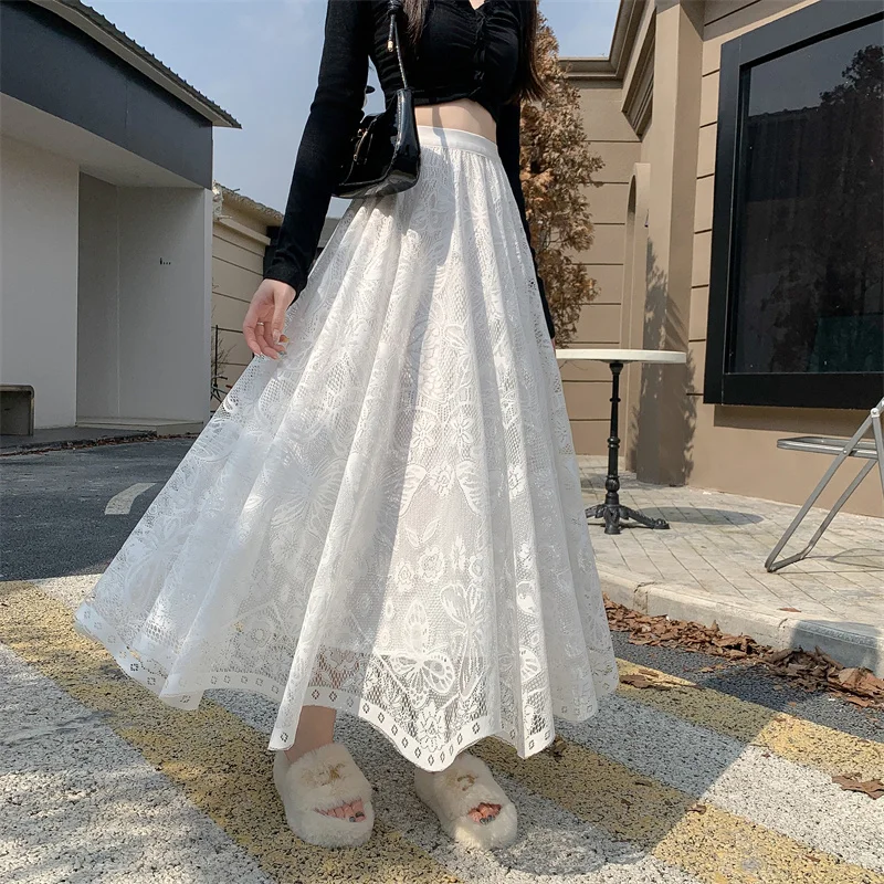 

Floral Skirt Women Long Japanese Harajuku Solid Color Hook Flower Hollow Autumn Retro Classic Butterfly Lace High Waisted Skirt