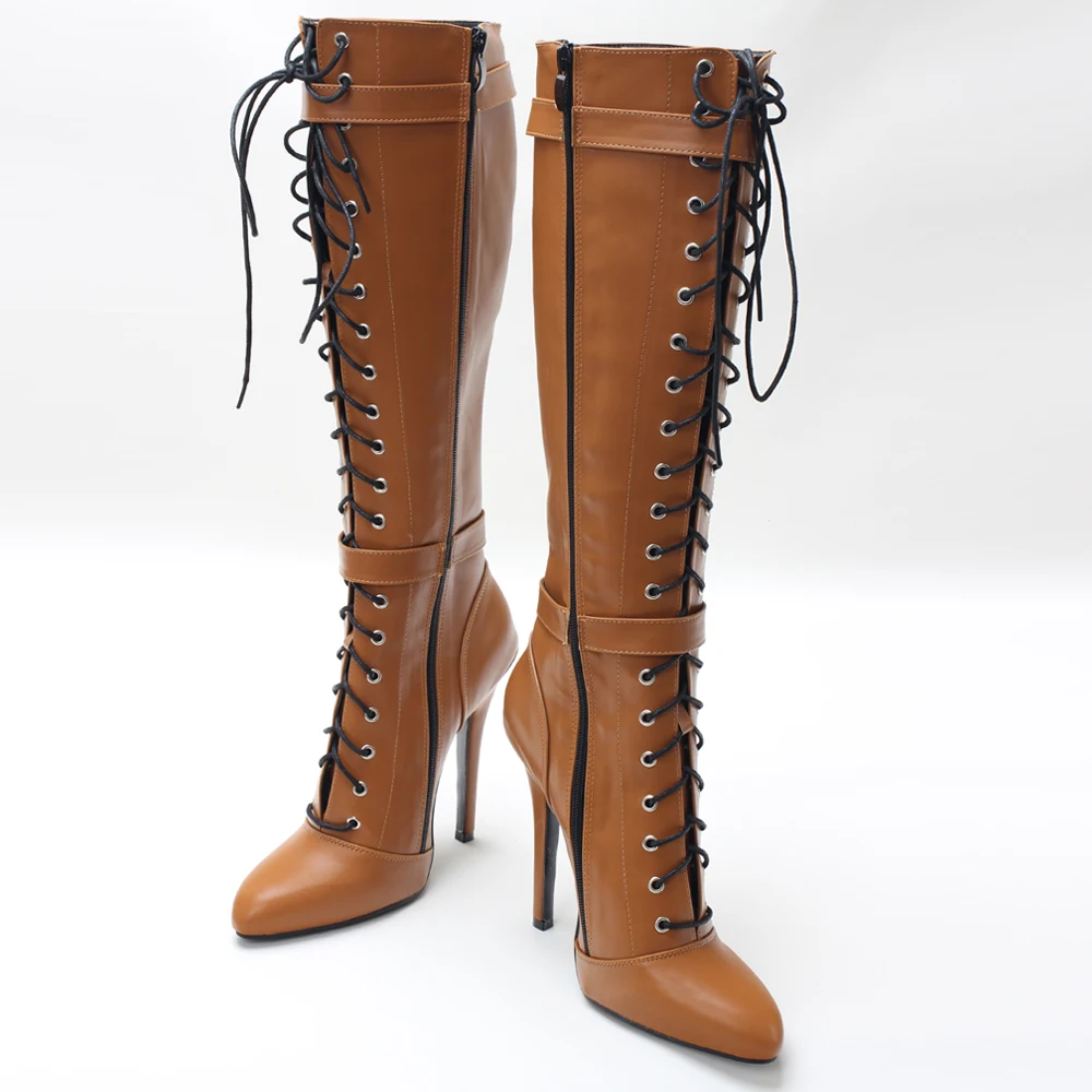 14CM High Heel Pointed Toe Lace Up Knee High Boot  Vegan Vintagefashion Bondage Corsets Shoes