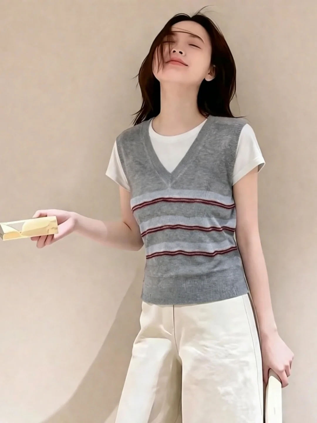 

Summer Stripe Knit Top Women's Short Sleeve Color Block Slimming Versatile Commute Korean Style Straight Cut Silk Blend Shirt