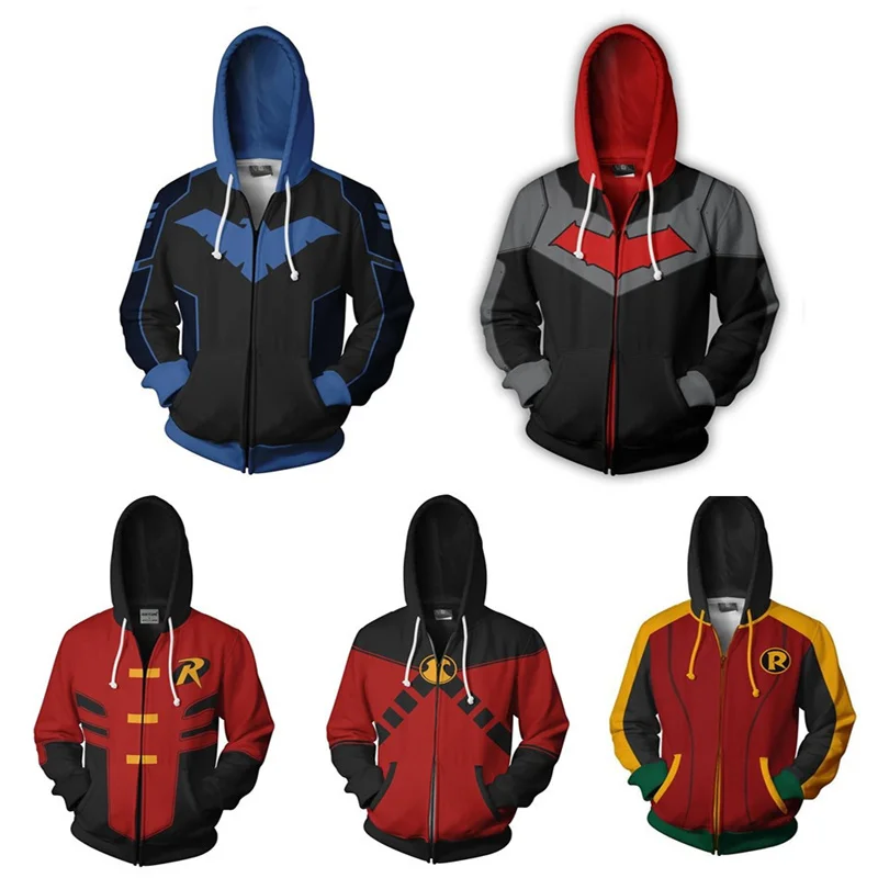 Superhero Nightwing Robin Cosplay Hoodie Costume Sweatshirt Halloween Zipper Outerwear Casual Hoodies Cosplay Costume Jackets