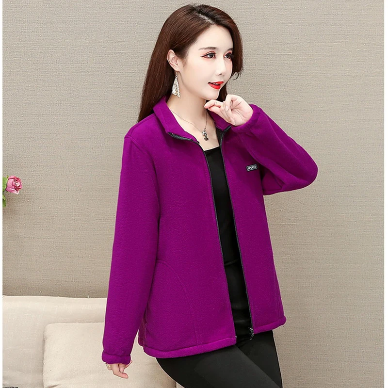 2025 Autumn Winter Sweatshirt Women Outerwear Fashion Loose Mother Wear Outdoor Fleece Tops Long-sSleeved Fleece Cardigan Jacket