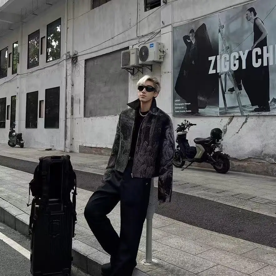 Veste de déconstruction imprimée foncée, texture stéréoscopique, moto, haute rue, épaulettes, revers, tendance, hauts d'automne