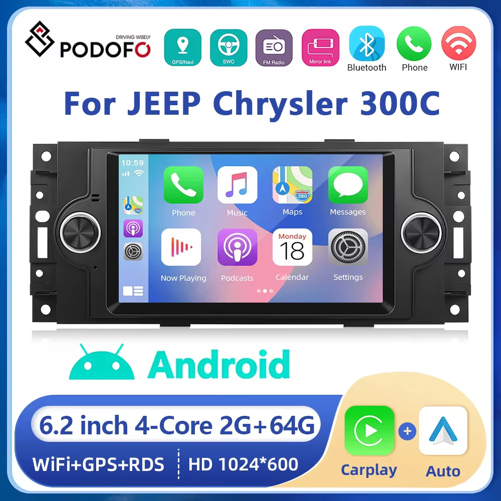 Podofo Car Android Radio 7inch For Jeep Cherokee Dodge Chrysler 300C Carplay Android auto Radio Bluetooth Navigation WIFI RDS