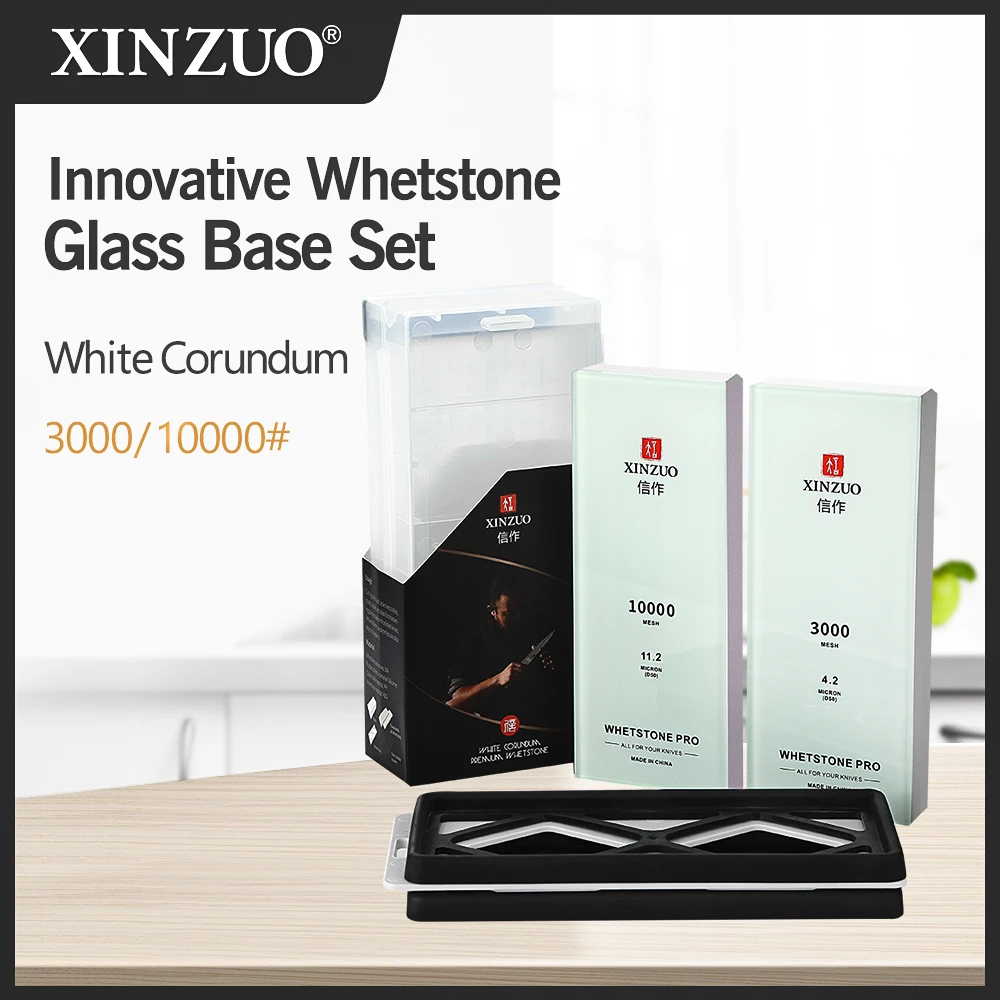 XINZUO Professional 3000/10000 Grit High-grade Glass Base Whetstone Set White Corundum Sharpener Stone Kitchen Knife Sharpening