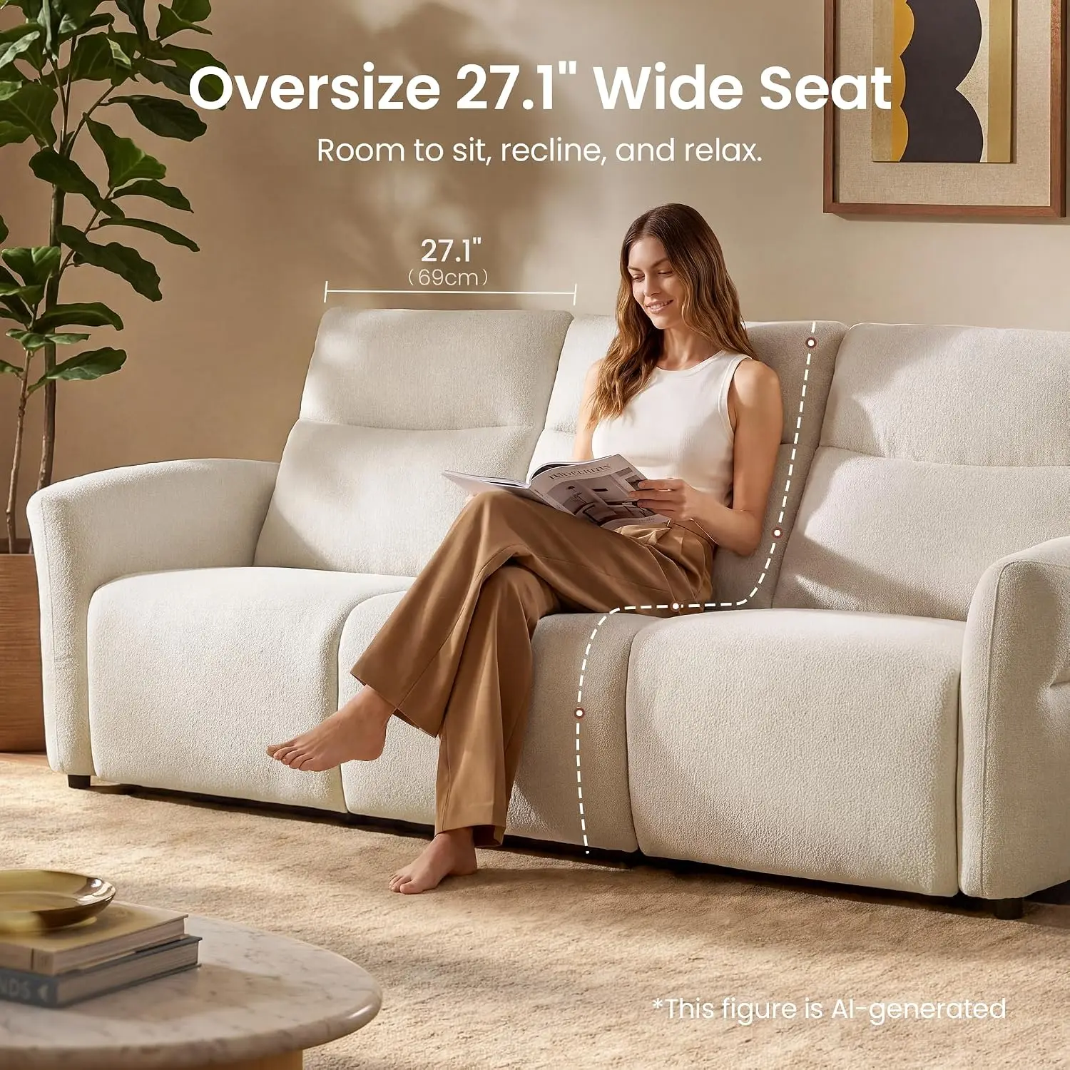 Linnea 95.6" Oversize 3-Seater Manual Reclining Sofa, Beige, Customized 5
