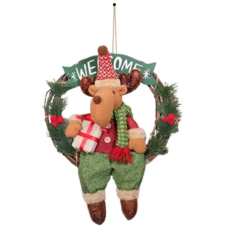 

Christmas Wreath for Front Door Winter Wreath with Snowman Santa Claus Elk Rattan Garland Ornament Party Supplies Holiday Gifts