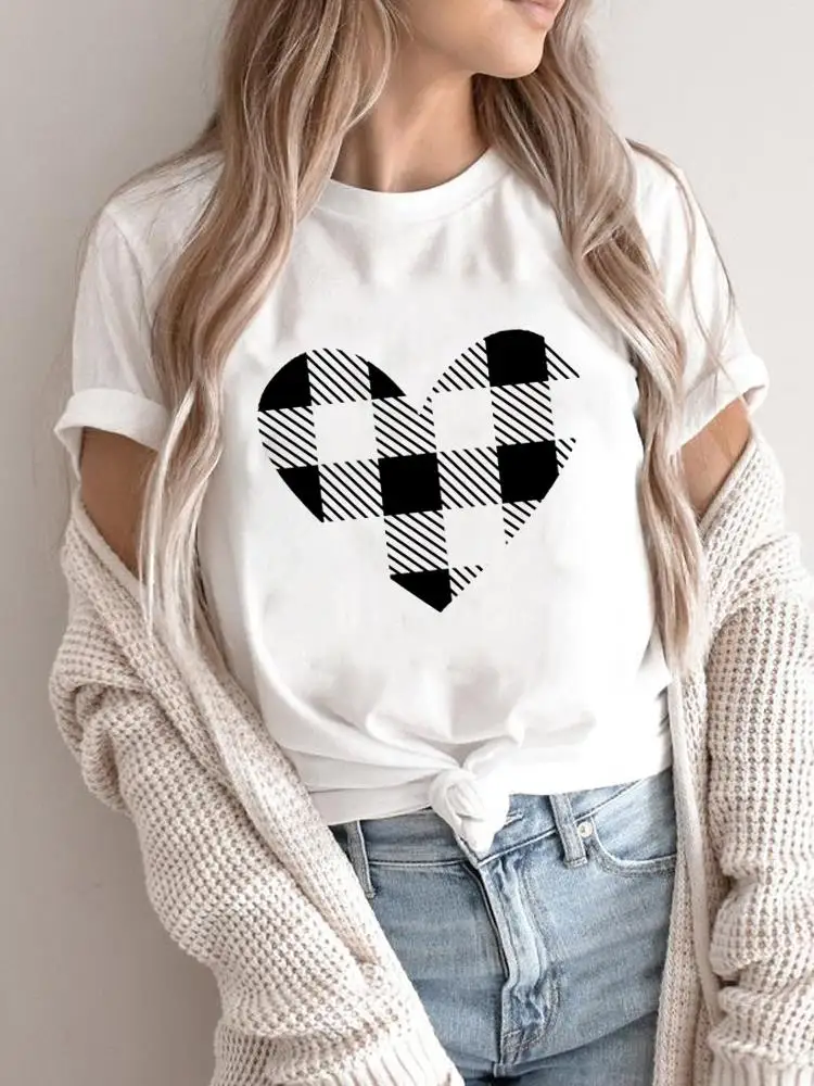 Merry Christmas Plaid Love Heart Style Women Holiday Shirt Clothing Fashion 2025New Year T-shirts Print T Top Graphic T Tee