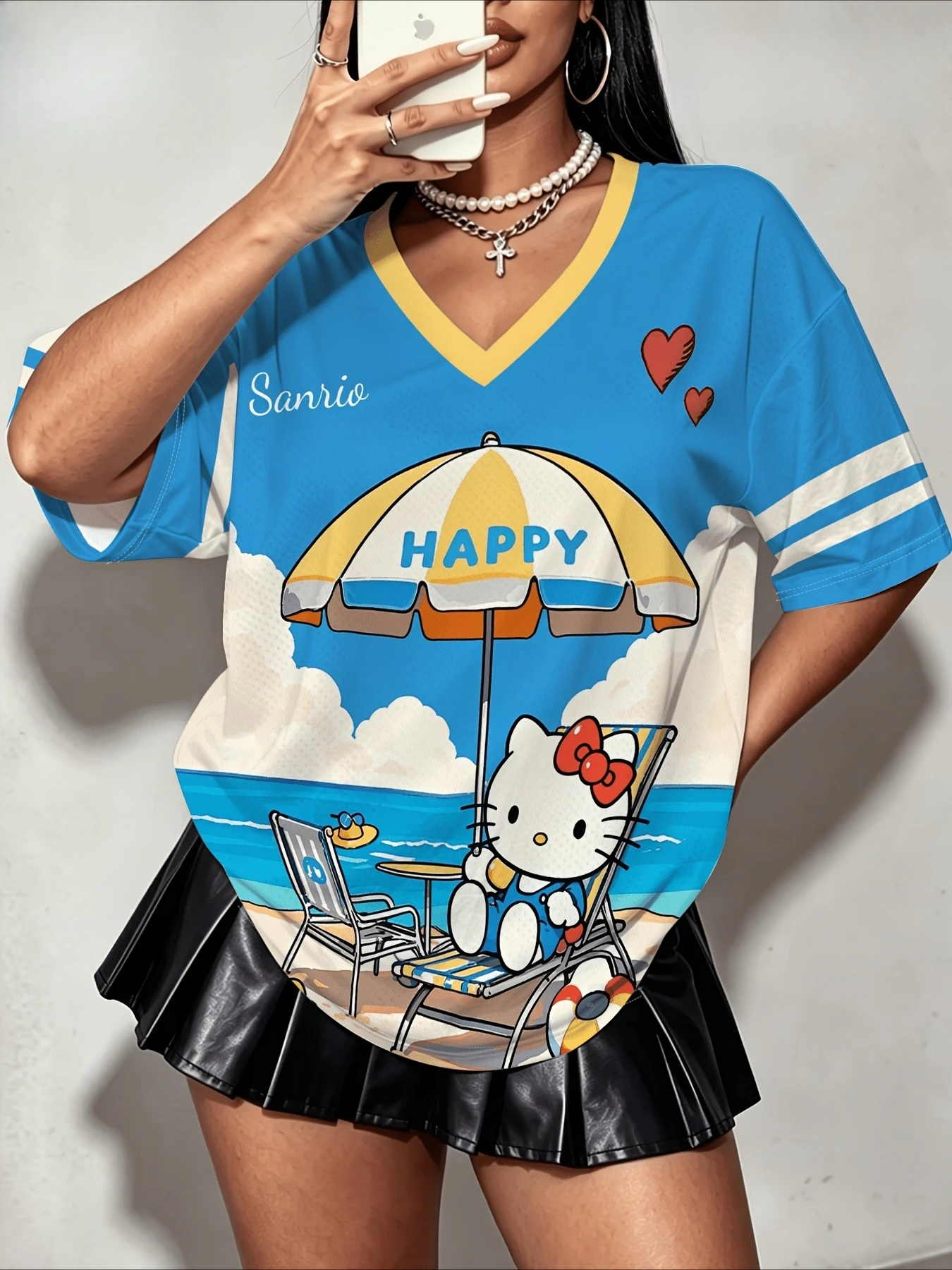 T-shirt de style coréen pour les vacances à la plage, avec motif Hello Kitty, pour enfants, adultes et familles, idéal pour un look décontracté, sportif, hip-hop, ou pour des soirées costumées.