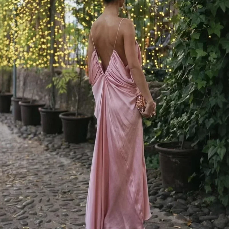 Damesmode effen satijnen losse lange jurk lente zomer diepe v-hals holle avondjurk sexy backless spaghetti-jurken