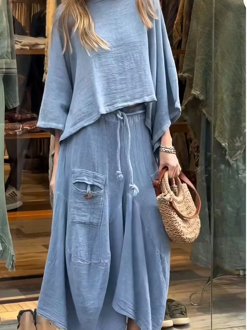 ツーピース レディース シックなバットウィング ケープ シャツとアシンメトリー アンクル スカート ストリートウェア セット（ポケット付き）