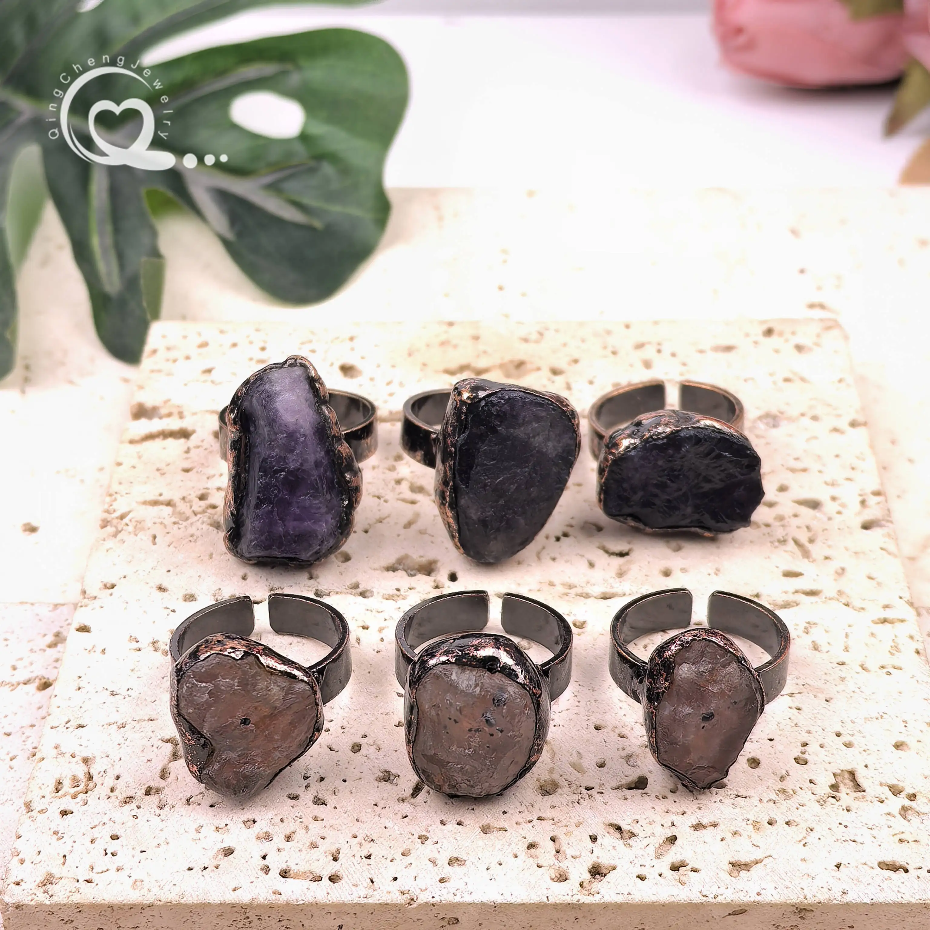 

Antique Copper Amethyst Rings Healing Crystal Natural Quartz Adjustable Finger Ring Women Fashion Retro Style Jewelry,QC4247