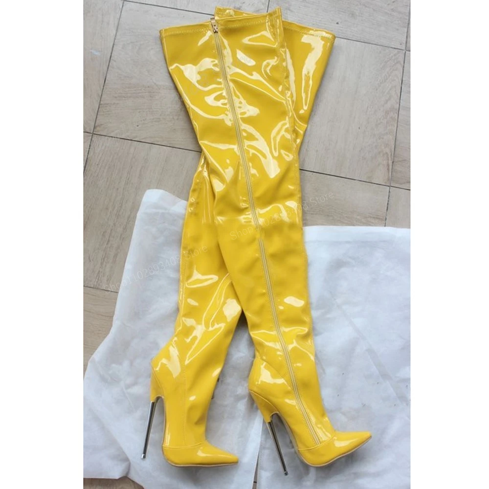 Yellow Patent Leather Pointed Toe Over the Knee Boots Metal Stiletto High Heel 16cm Sexy Women Shoes 2024 Zapatos Para Mujere