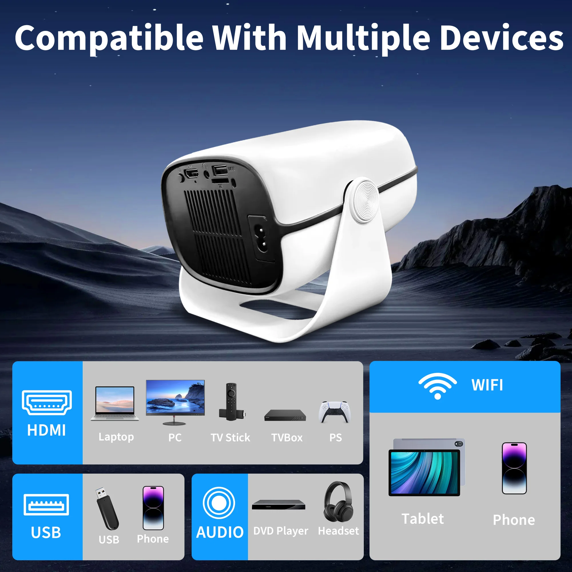 Cheap Portable 1080p Ai Keystone-correction Video Projector Quad-core Smart Home Theater 3m 200 Android Built-in Speakers