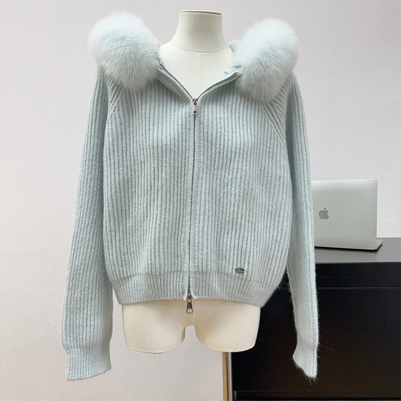 

New Fashion Autumn Women Real Natural Fox Fur Oversized Hooded Cardigan Spring Sweater Wear Outwear
