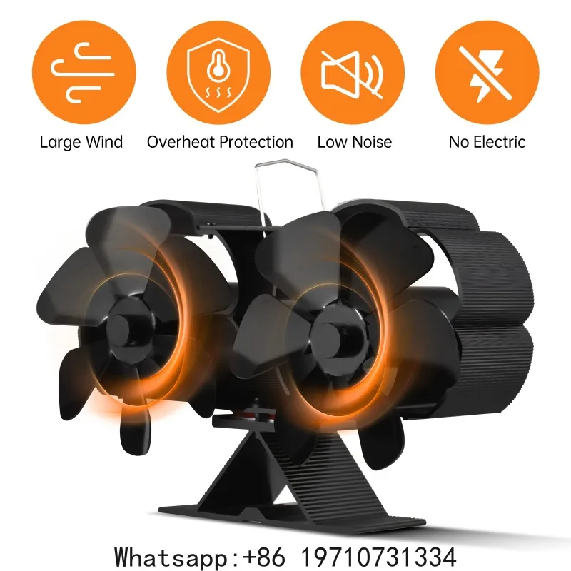 Dual Head 6 Blade Heat Powered Stove Fan with Carrying Handle and Overheating Protection Portable Heat Fan