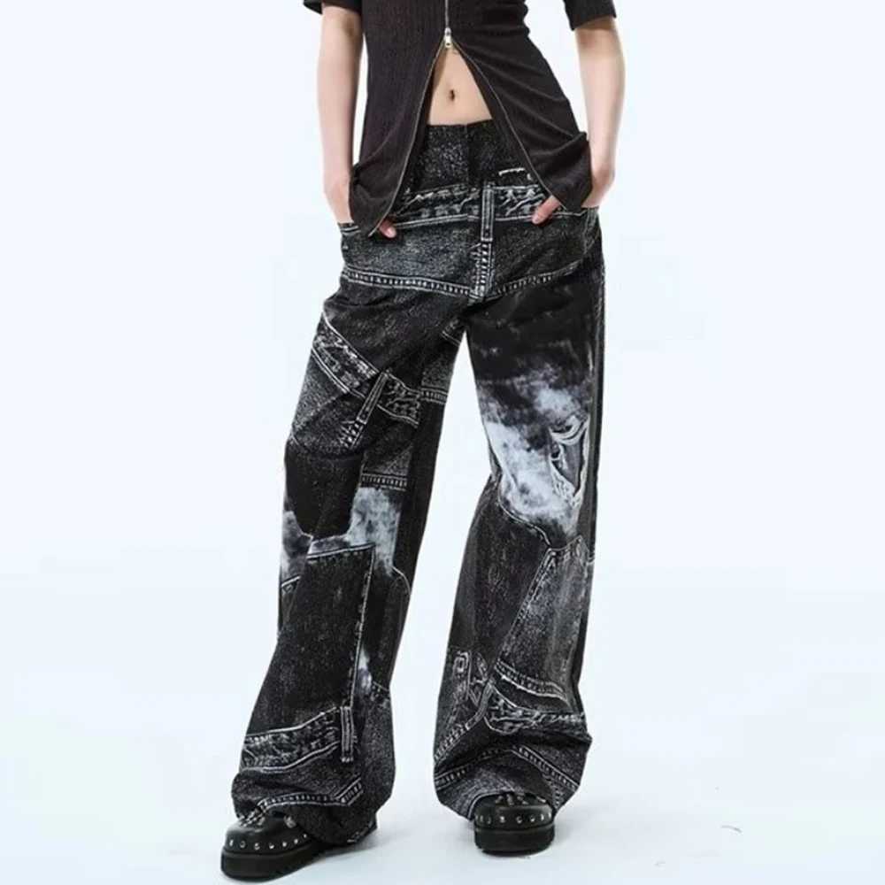 

Summer New Men's Y2k Graphic Denim Trousers Korean Retro Fashion Trend Street Hip-Hop Loose Breathable Niche Men's Bottoms
