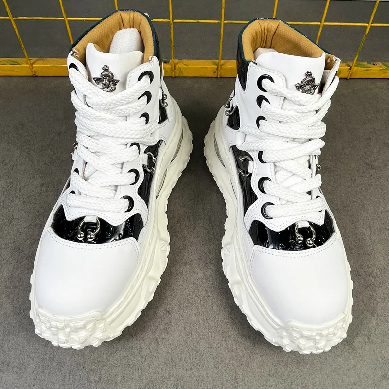 

White Thick-Soled High-Top 2025 New Style Trendy Sneakers Casual Men's Shoes Short Boots Biker Shoes