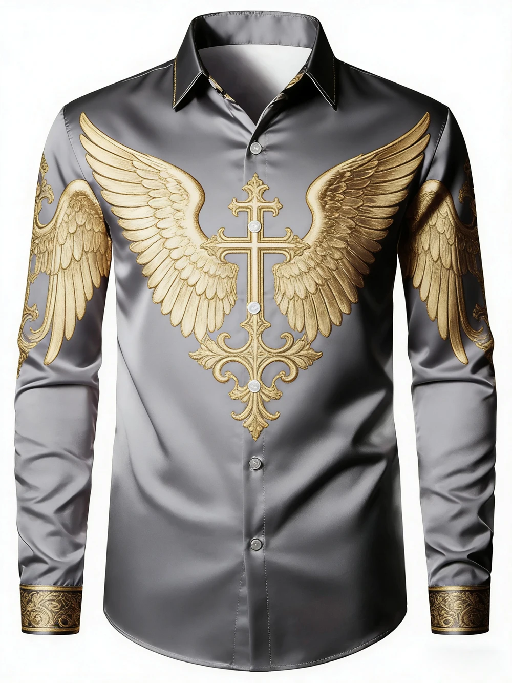

New Men's Medieval Angel Wings Baroque Pattern 3D Printed Shirt Hawaiian Vacation Casual Long-sleeved Lapel Shirt Men's Clothes