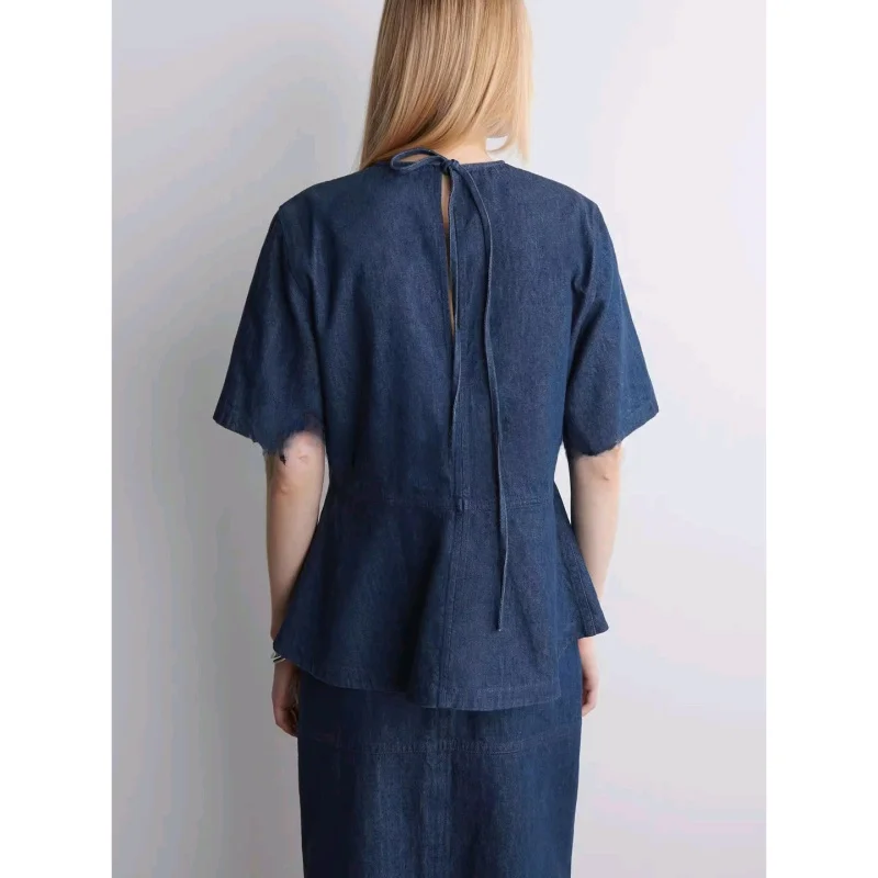 夏の新しいレディースカジュアルコットンデニムスタンダードフィットTシャツ、ウエストプリーツ入り、快適なルーズスタイル、ラウンドネック、半袖