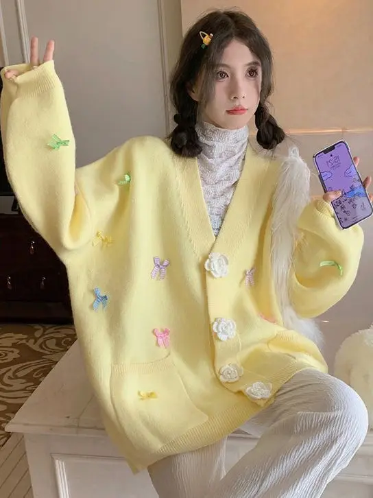 

V-neck 3d Flowers Knitted Cardigans New Korean Pink Sweet Age Reducing Candy Color Bow Women Sweater Autumn Knitswear Clothing