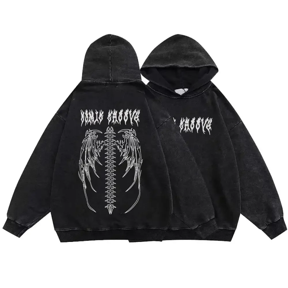 Skeleton Printed Washed Hoodies Gothic Vintage Hip Hop Sweatshirts Men\'s Retro Streetwear Women Oversized Long Sleeve Pullover