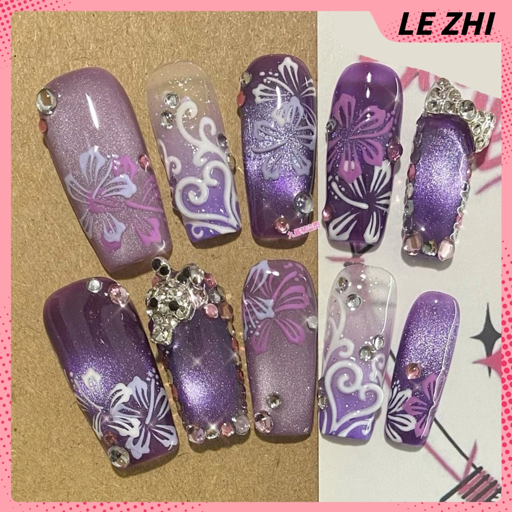 

Y2K Spice Girl Purple Cat Eyes Handmade Long Coffin Removable Press On Nail Hand Painted Flowers Diamond Love Nail Party Sticker