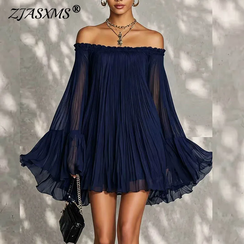 Vintage Einfarbiges Schulterfreies Minikleid Plissiertes Transparentes Langarm-Kleid mit Rüschenbesatz Lockeres Fließendes Kleid für Sommer Reisen und Partys