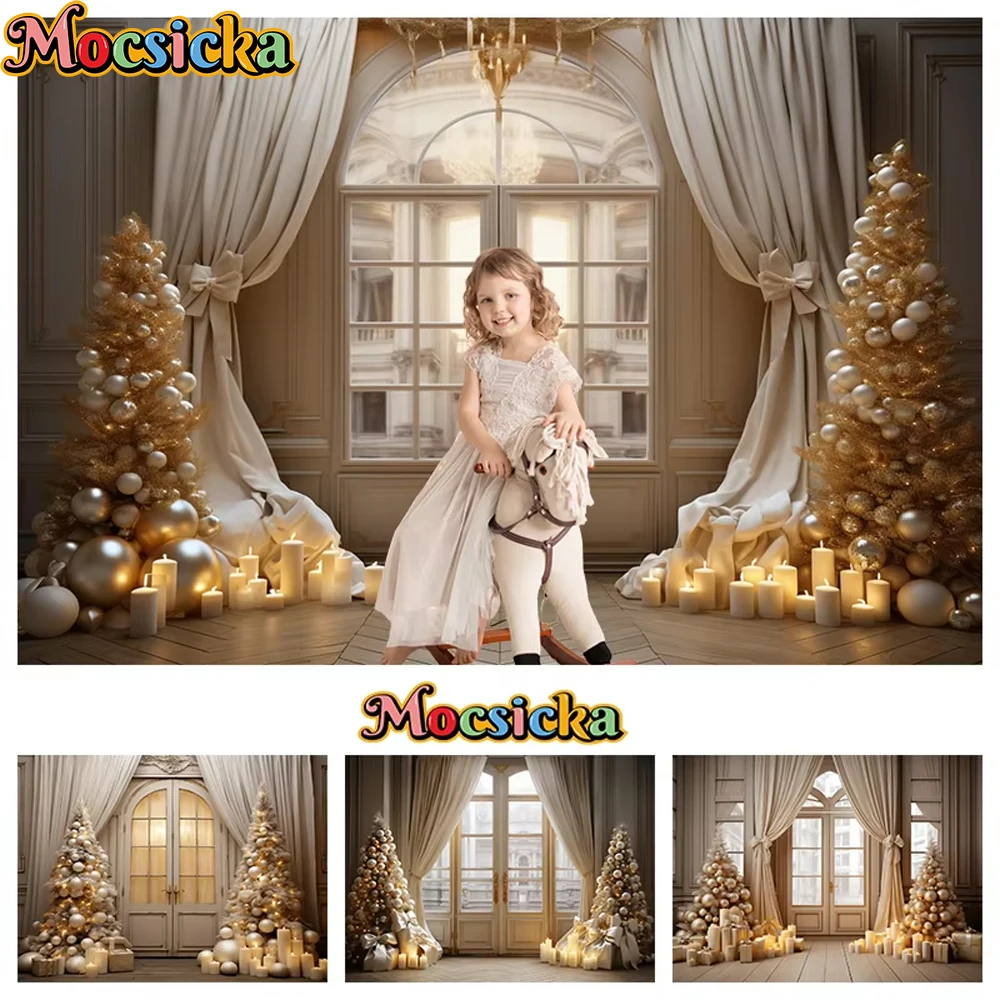 

Mocsicka Gold Christmas Tree Curtain Background Wedding Birthday Party Backdrop Photography Window Door Prop Photo Studio Banner