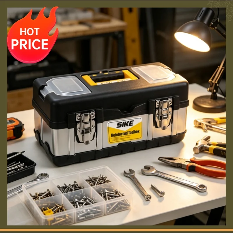 Portable Tool Box Heavy Duty Plastic and Stainless Steel Tool Storage Case with Removable Tray for Electrician Auto Repair