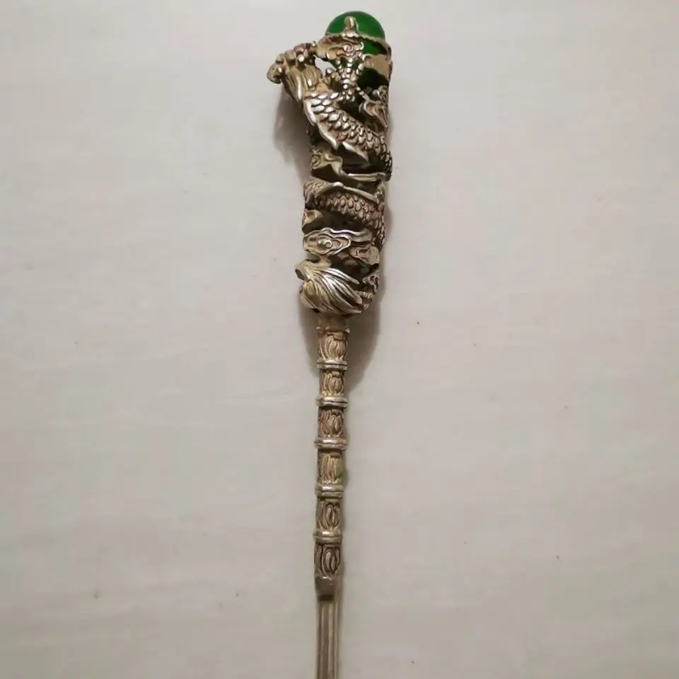 Chinese Vintage Lucky Dragon Head White Copper Hairpin Inlaid Green Gem Auspicious Blessing Miao Ethnic Hair Ornament For Women