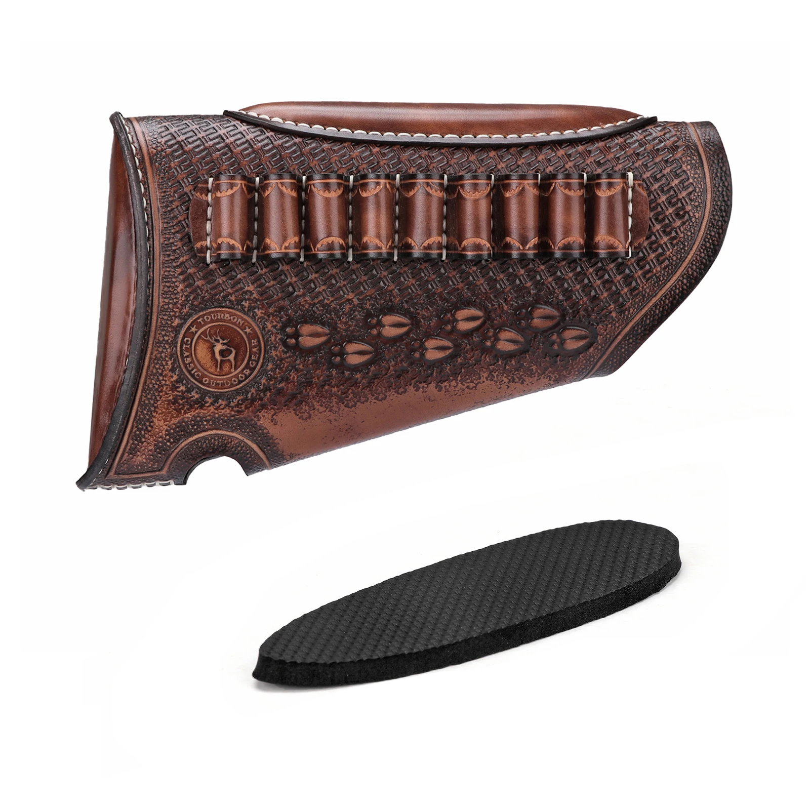 Tourbon Leather Gun Buttstock Cover Rifle Cheek Rest Riser with Firearms Cartridges Holder Brown Hunting Accessories