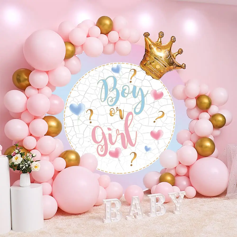 Boy or Girl Gender Reveal Round Backdrop Cover Little Feet Balloons Newborn Baby Shower Reveal Party Photography Background