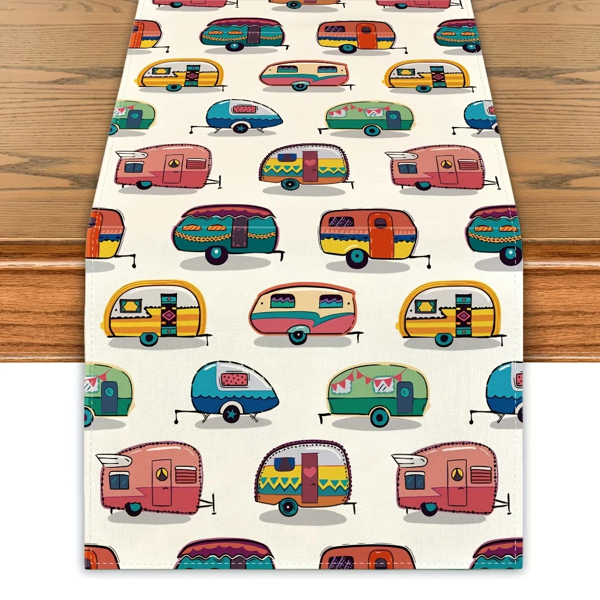 VIKAMA Happy Camper Retro Trailer Table Runner Outdoor Picnic Camping Party Decoration Kitchen Home Decor