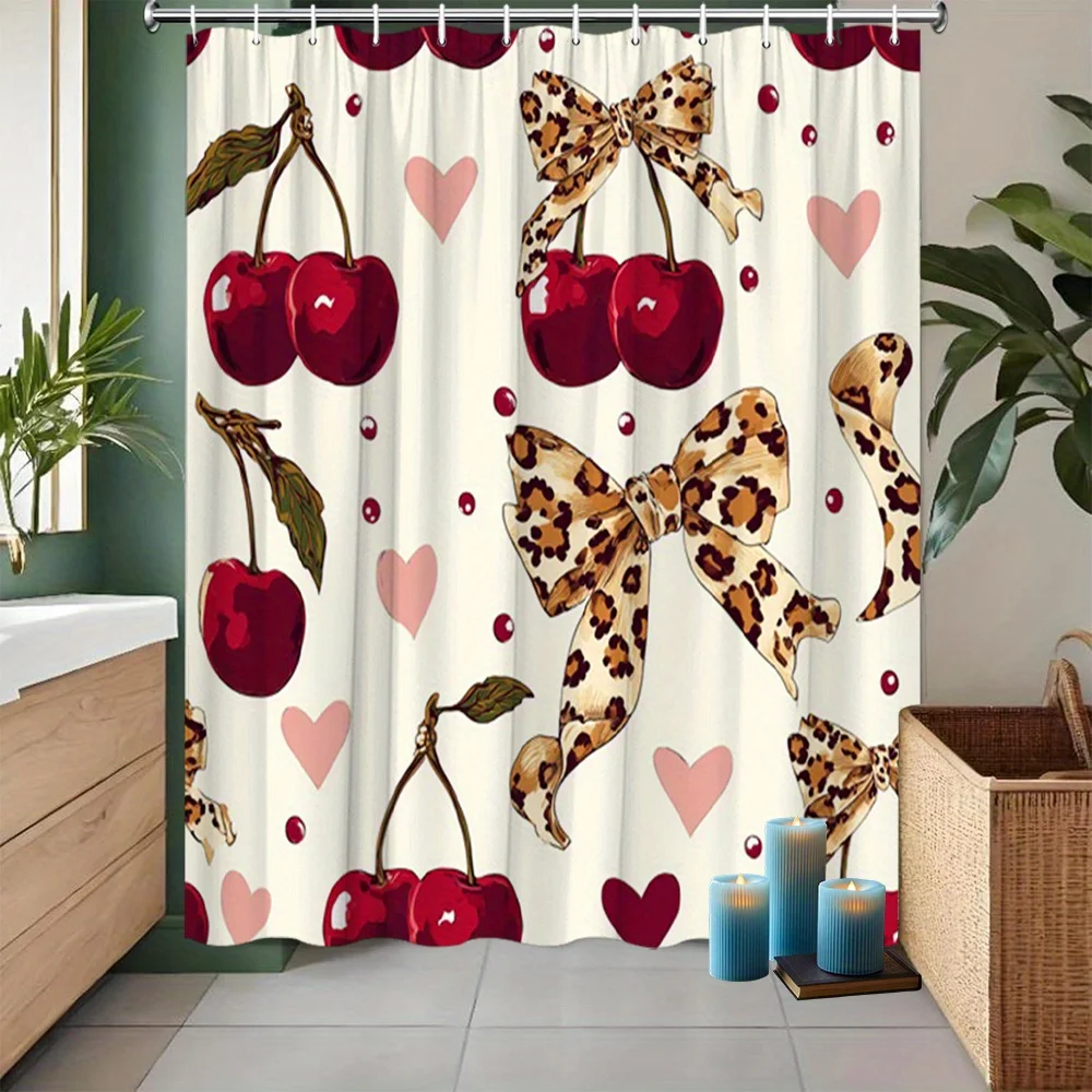 cherry and leopard bow shower curtain sweet wild art design for fashion bathroom decor with hooks Enhance spatial aesthetics