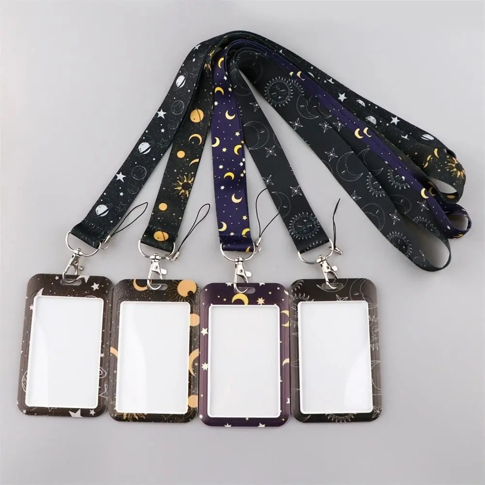 Porte-clés vintage avec lanière étoiles soleil et lune, porte-carte d'identité, sangle de cou pour téléphone, porte-badge, fournitures scolaires