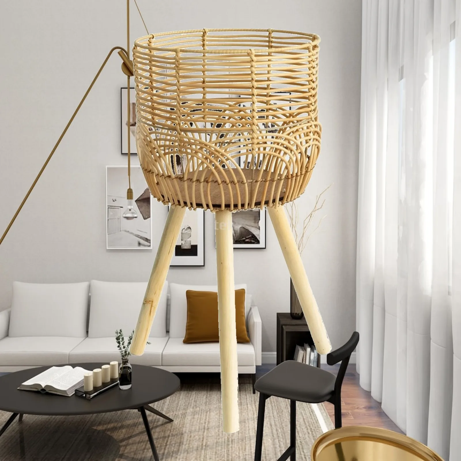 Woven Rattan Style Shelf Tripod Plant Stand for Indoor Living Room Decor Flower Pot Holder