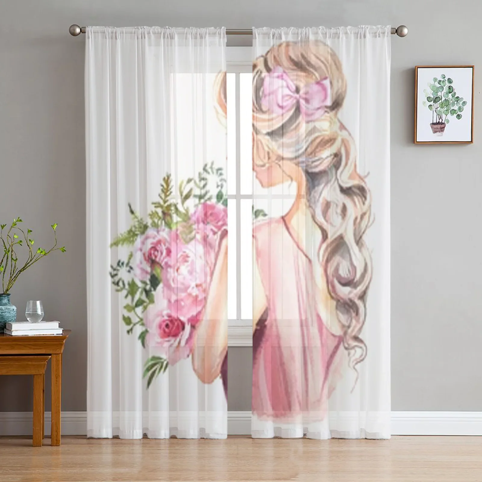 Beautiful Watercolor Girl Sheer Window Curtains For Living Room Bedroom Modern Voile Tulle Curtains Fabric Drapes For Kitchen