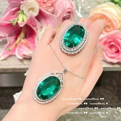 Exaggerated 12 Carat Pigeon Egg Lab Emerald Crystal Jewelry Set 925 Silver Color Green Cubic Zirconia Fashion Open Ring Necklace