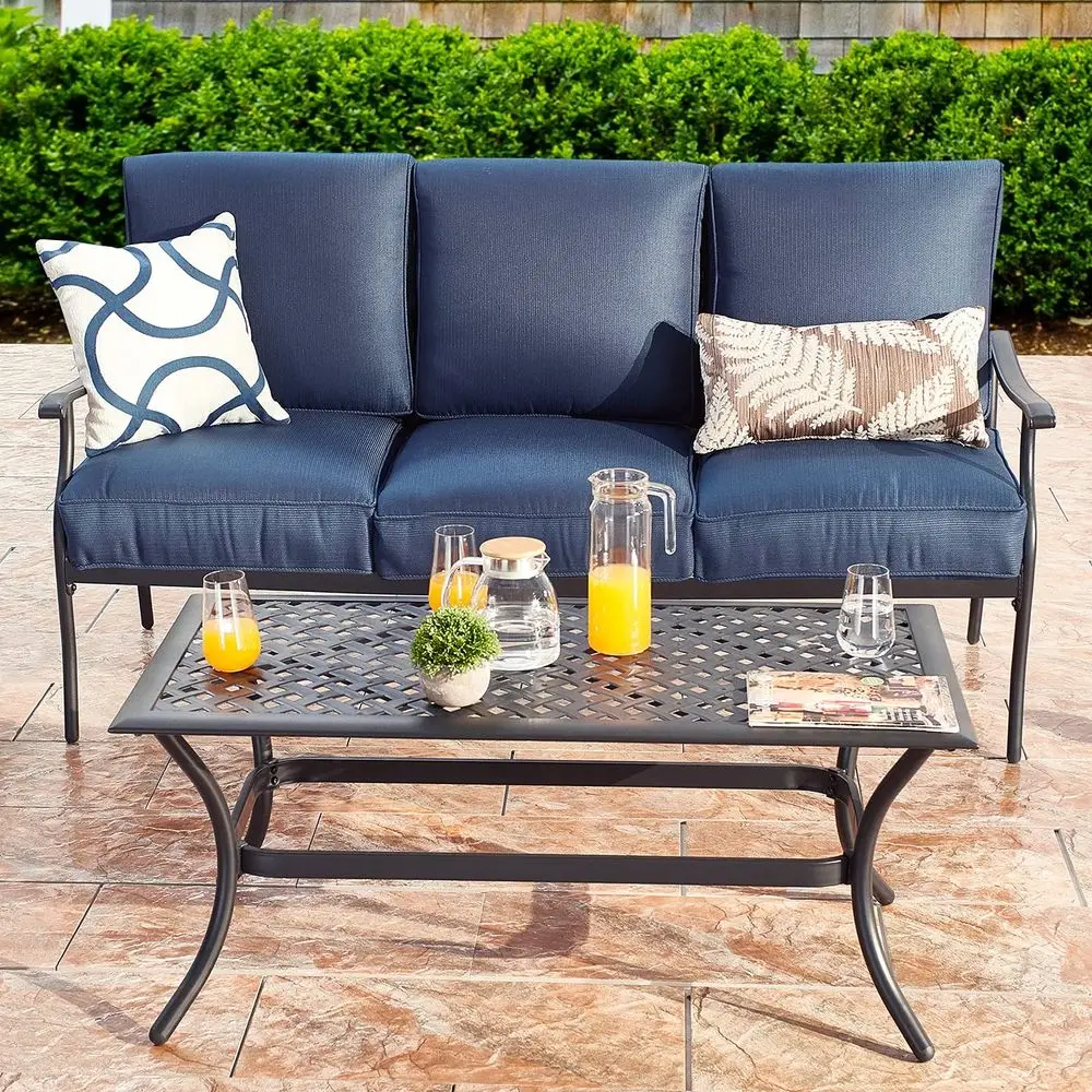 

Loveseat Heavy Duty 3Person Cushioned Outdoor Bench with Coffee Table All Weather Steel Frame 2 Pcs,Blue